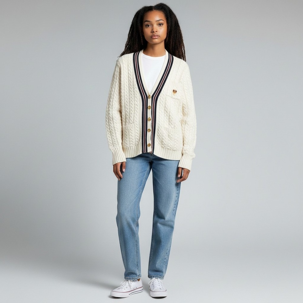 Ralph Lauren Cardigan Women S Ivory Good Cable Knit Hand Knit Varsity Crest